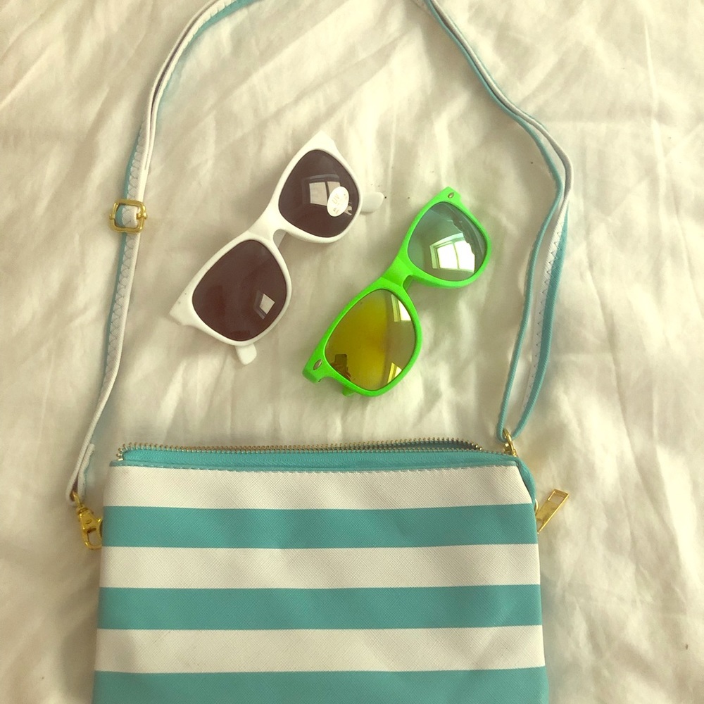 Sunglasses & small blue and white purse